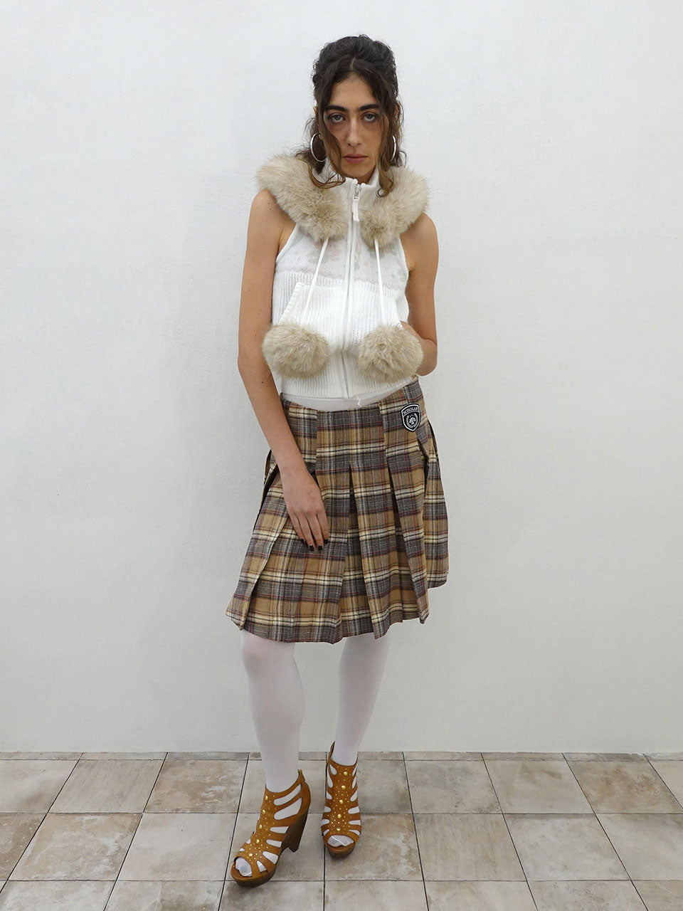 Plaid Pleated Midi Skirt Beige