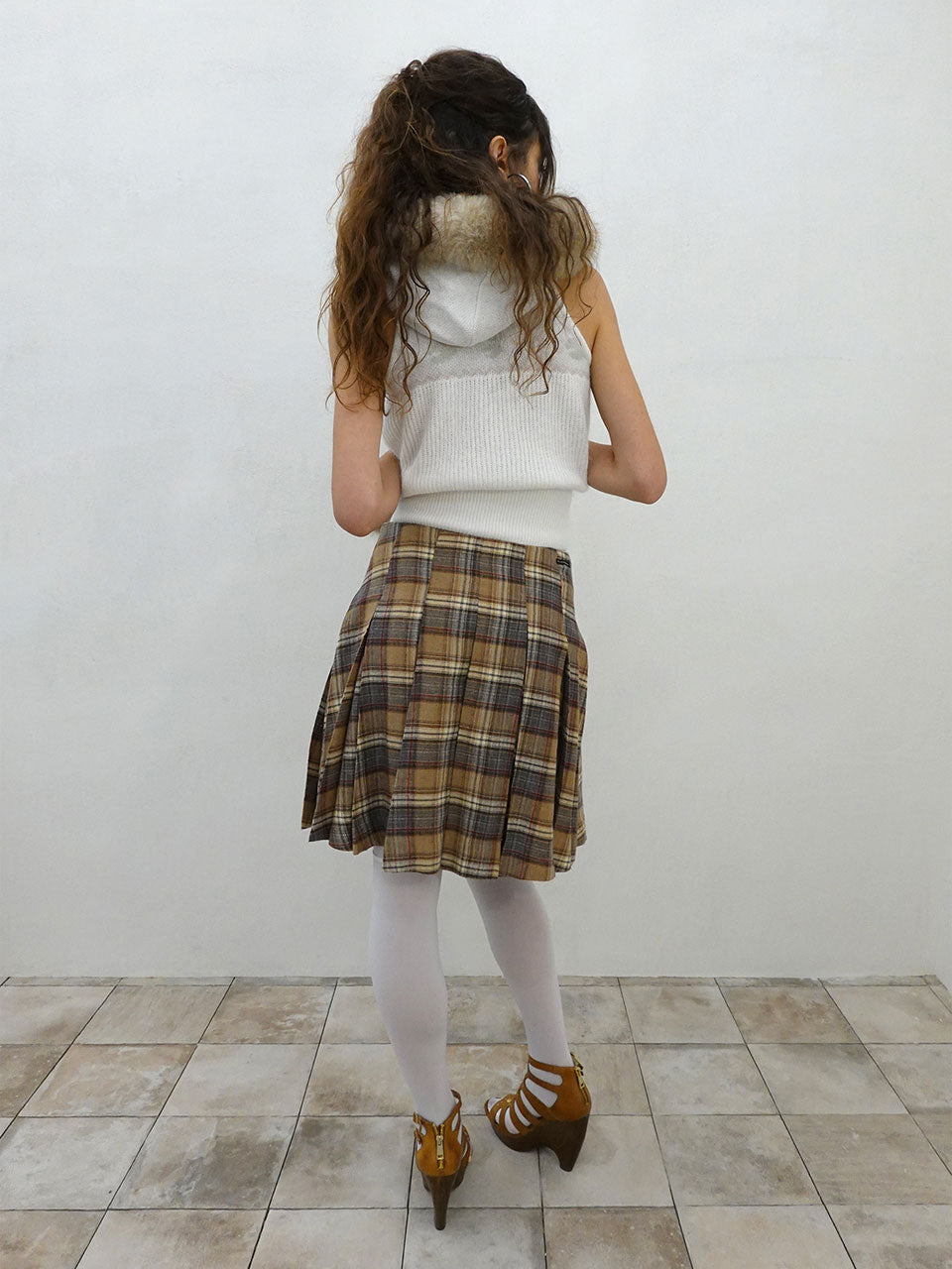 Plaid Pleated Midi Skirt Beige
