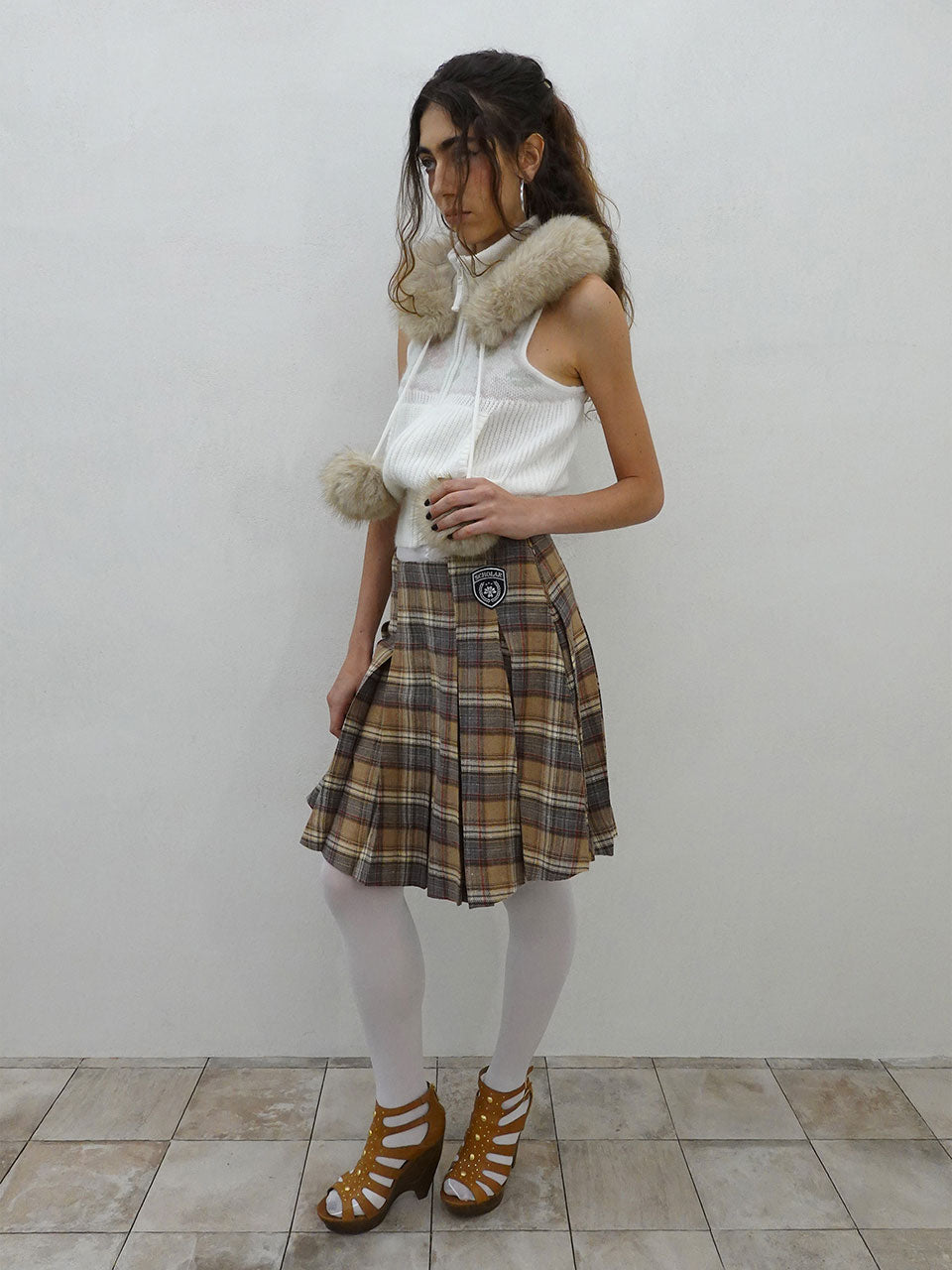 Plaid Pleated Midi Skirt Beige