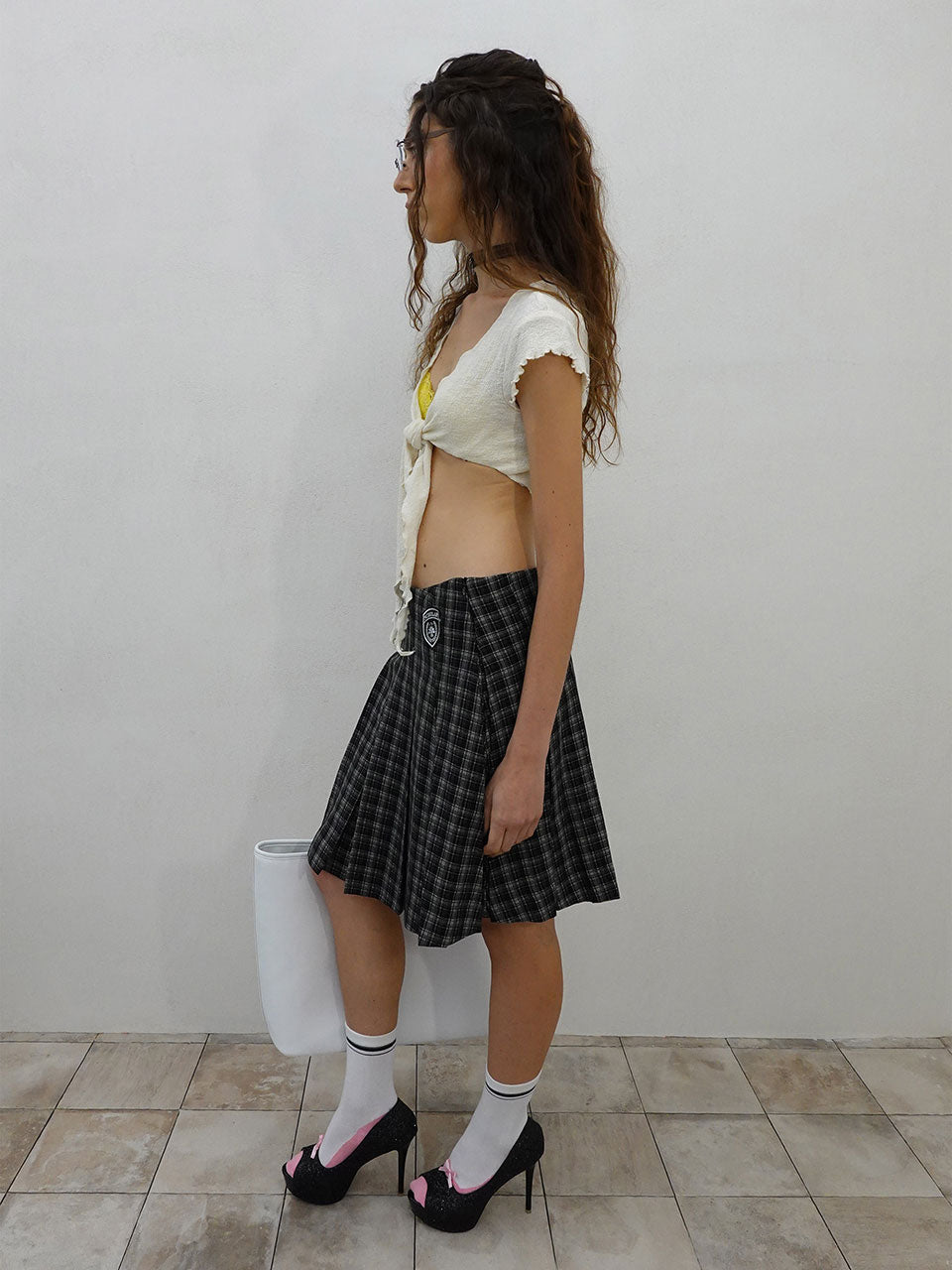 Plaid Pleated Midi Skirt Black