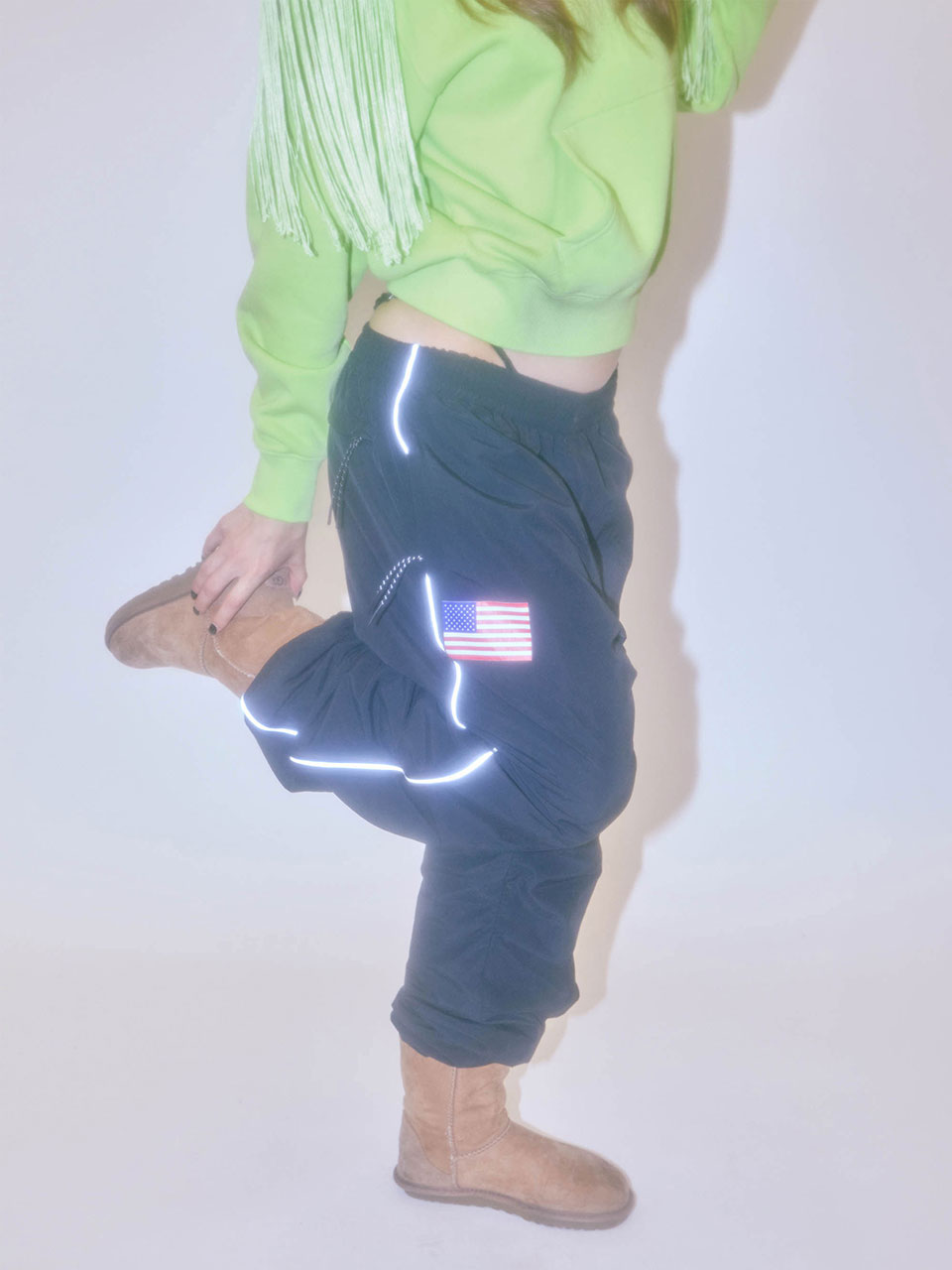 Reflective Piping Nylon Pants Black