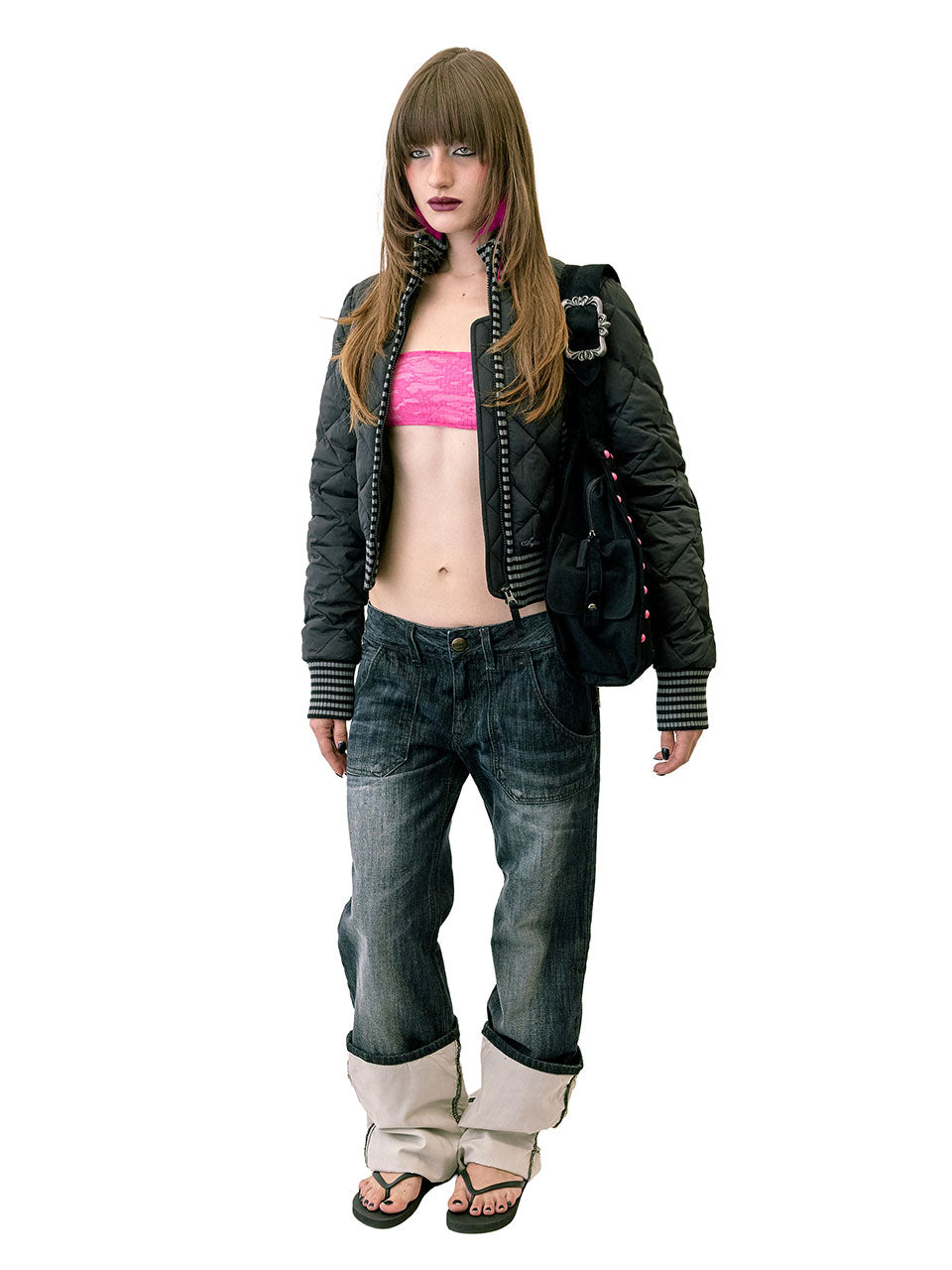 Striped Rib Lightweight Puffer Jacket Black
