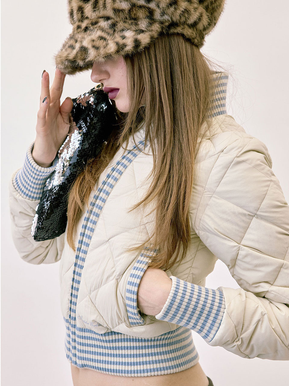 Striped Rib Lightweight Puffer Jacket Cream