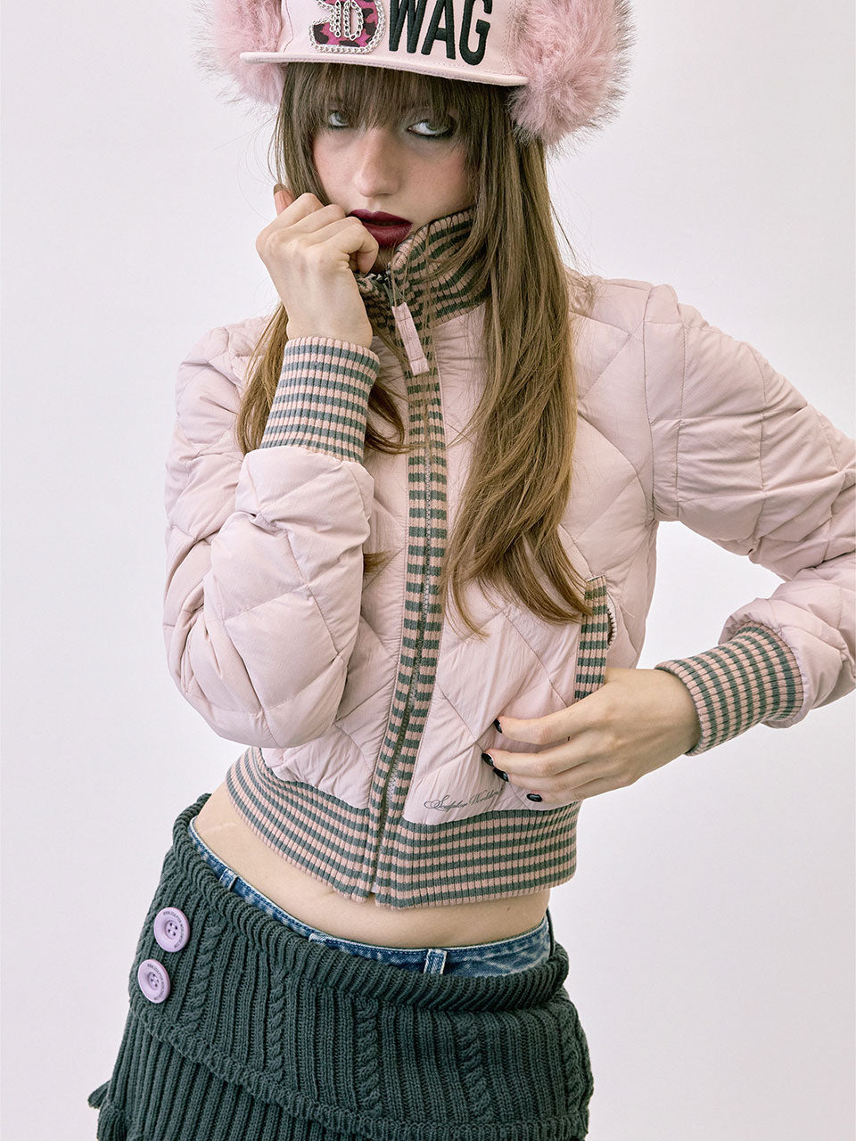 Striped Rib Lightweight Puffer Jacket Pink