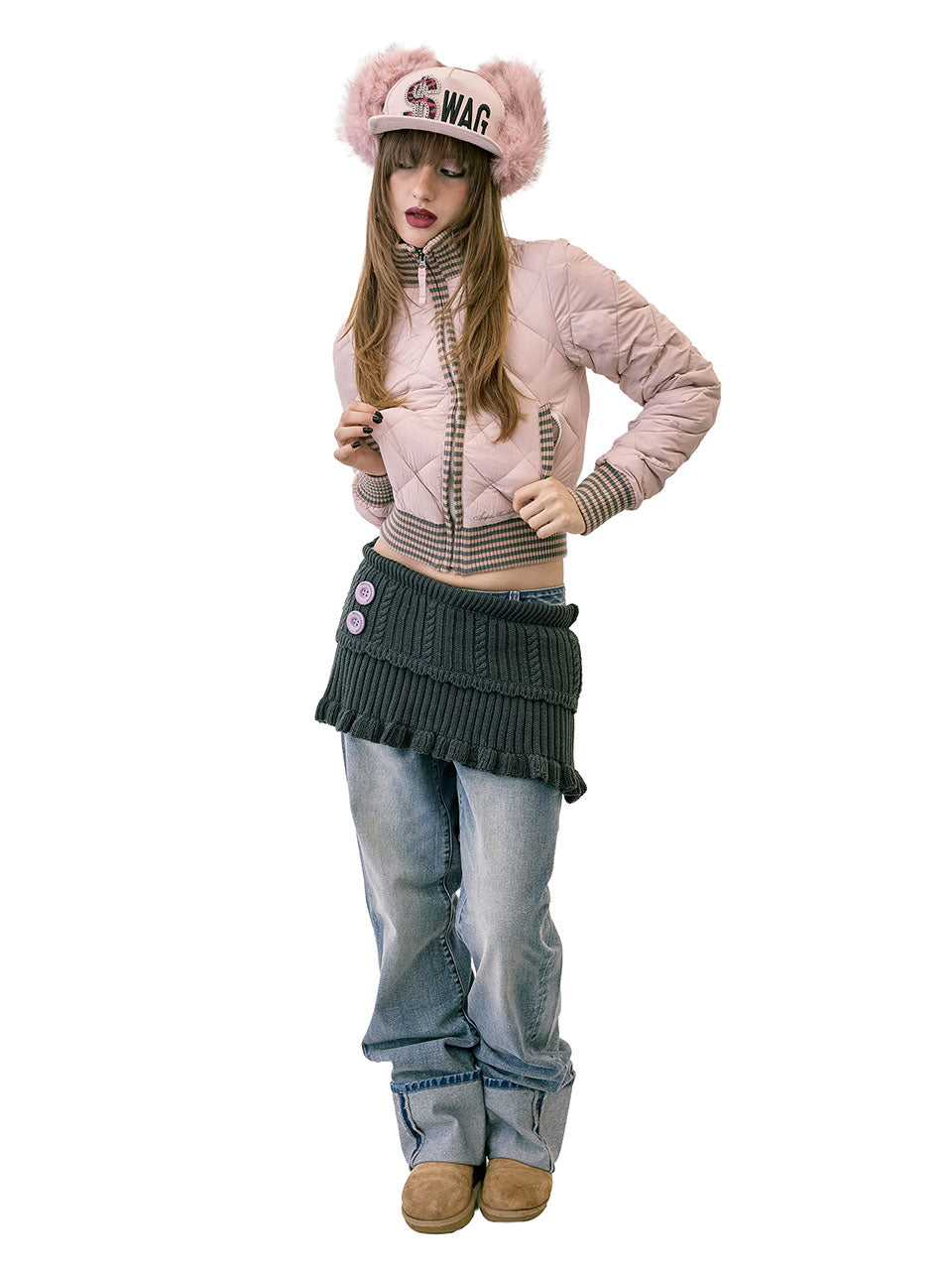 Striped Rib Lightweight Puffer Jacket Pink