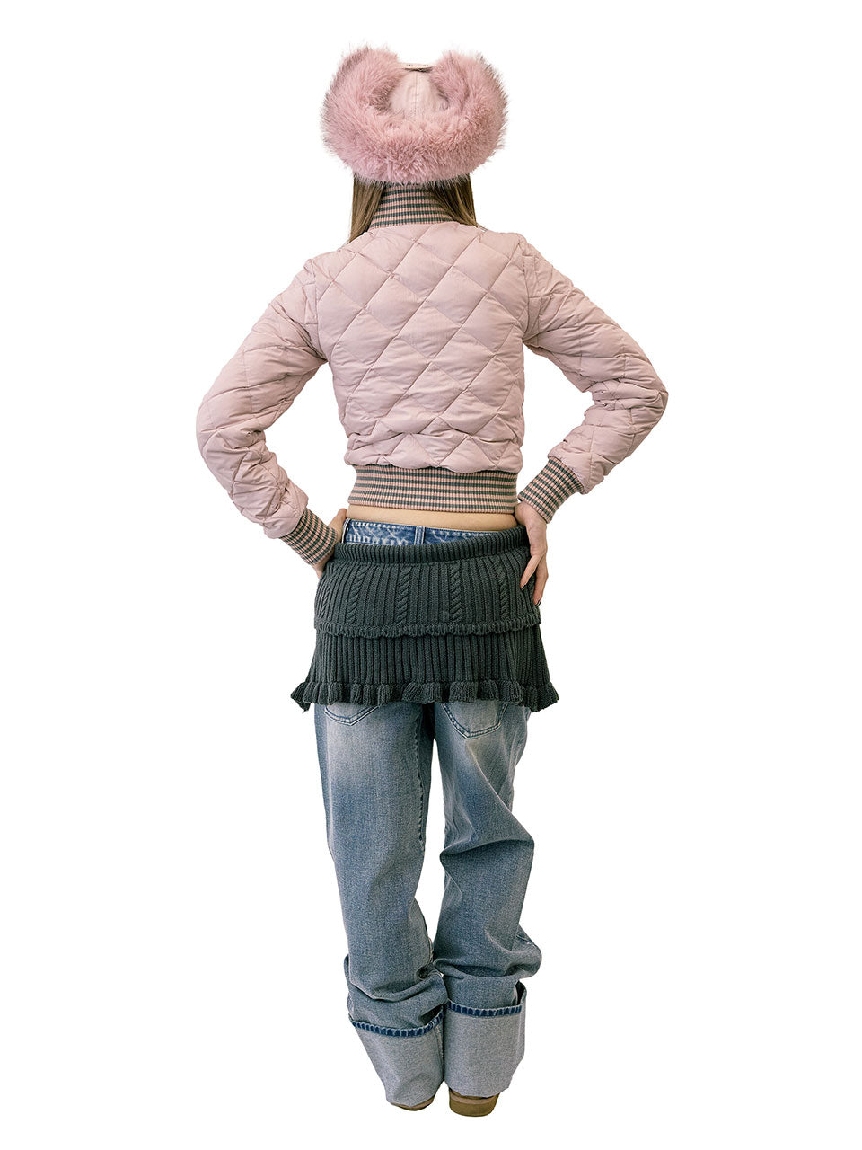 Striped Rib Lightweight Puffer Jacket Pink