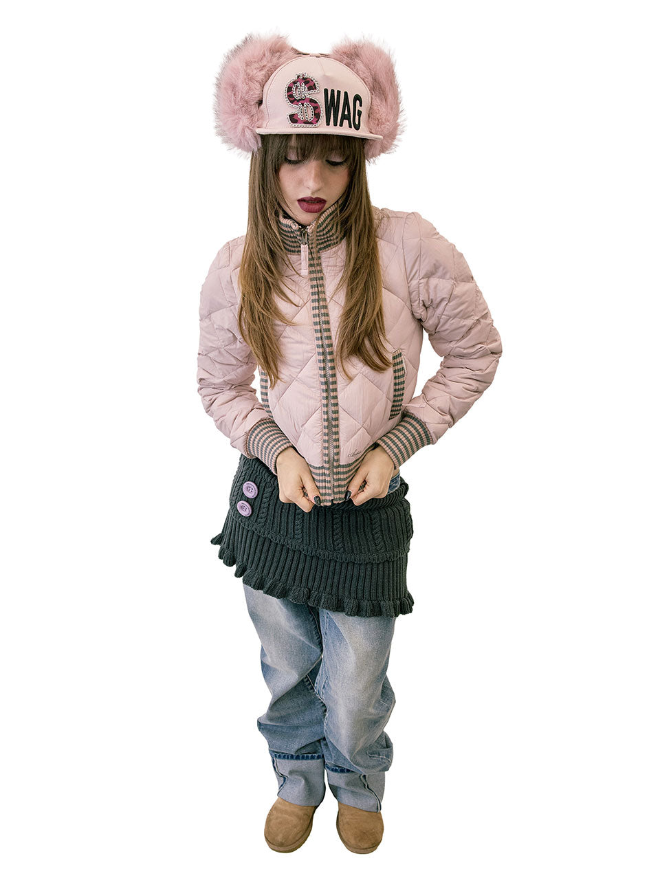 Striped Rib Lightweight Puffer Jacket Pink