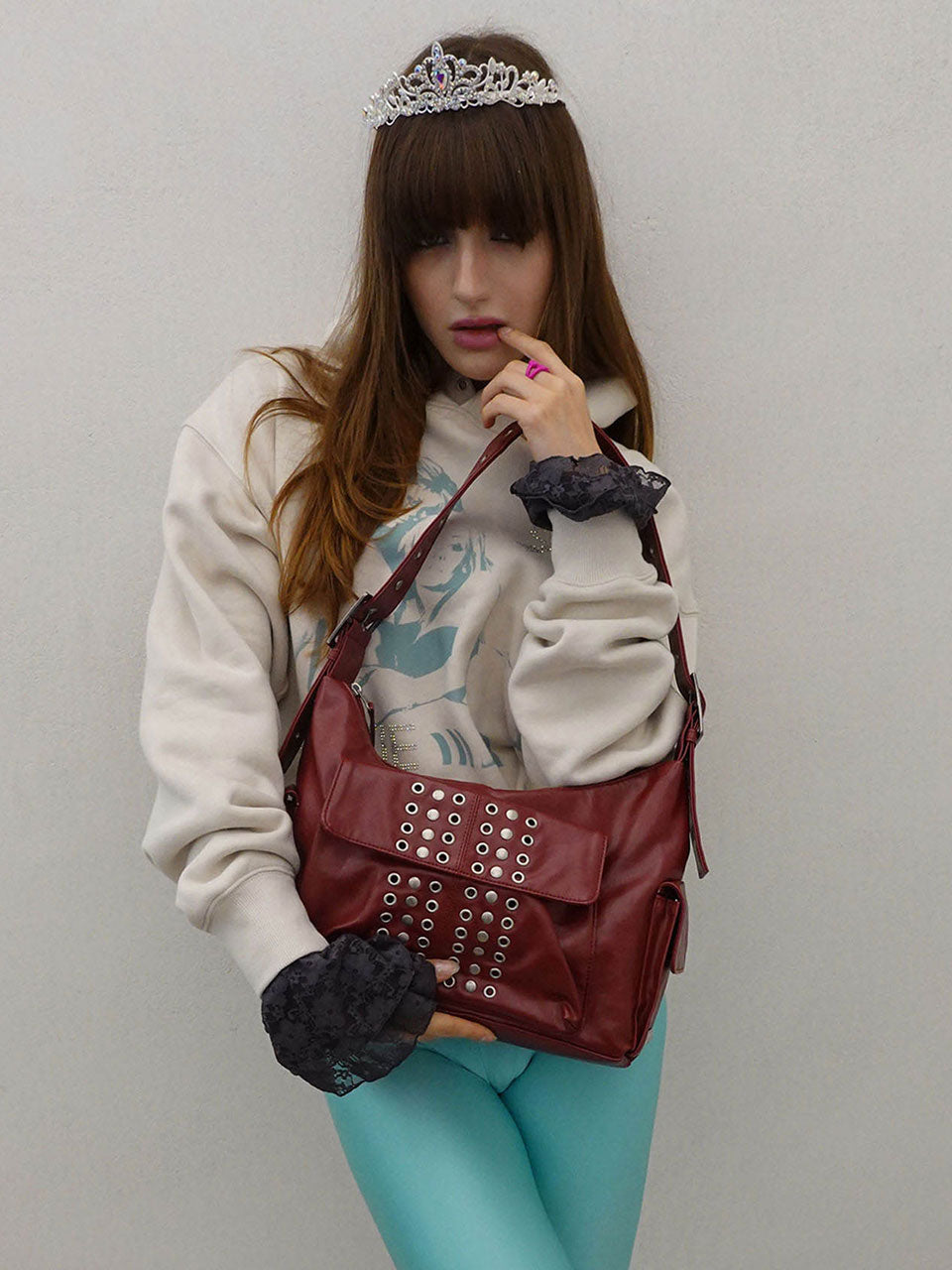 Stud Eyelet Shoulder Bag Red