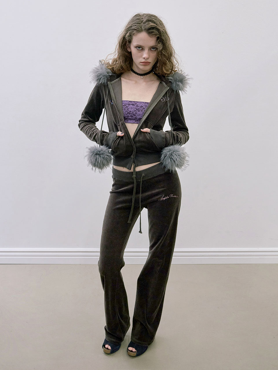 Velour Track Hooded Zip-Up Brown