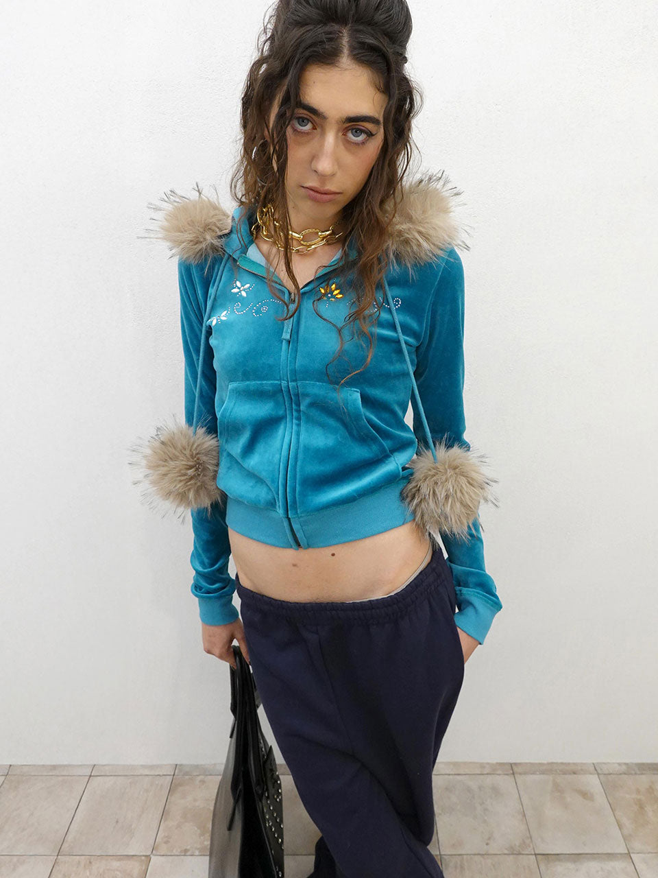 Velour Track Hooded Zip-Up Teal