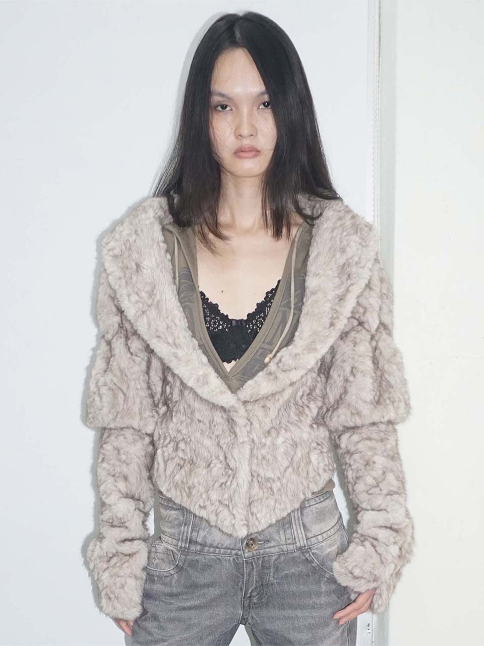 Faux Fur Corset Jacket Warm Gray