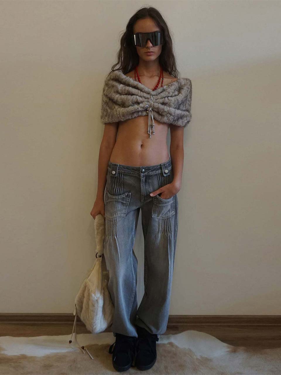 Pintuck Pocket Denim Pants Washed Gray