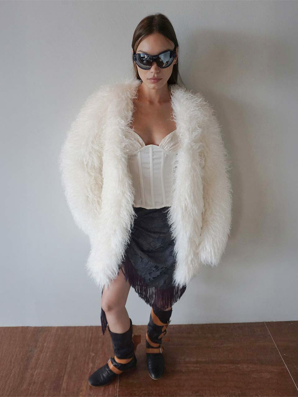 Faux Fur Middle Jacket White
