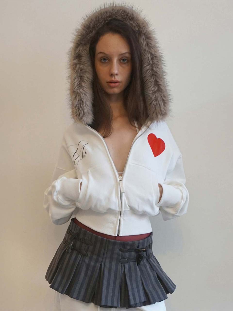 Faux Fur Trimming Hooded Zip-Up White