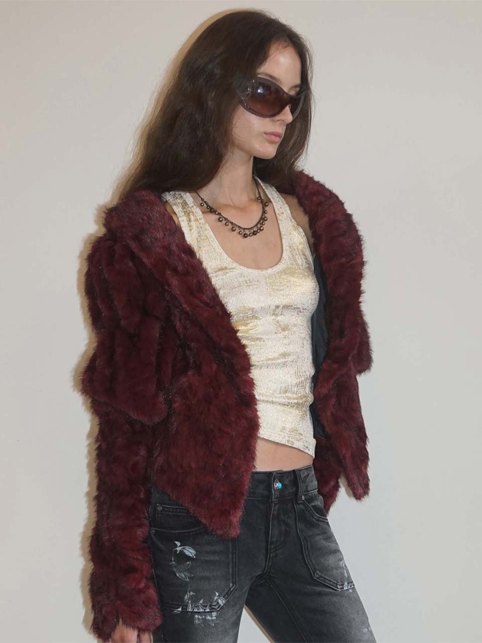 Faux Fur Corset Jacket Wine