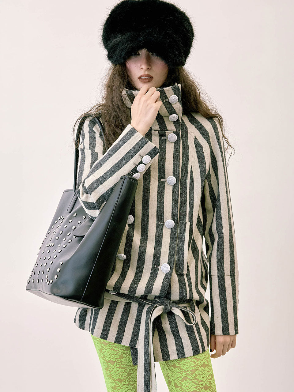 Wool Trench Half Coat Gray Stripe