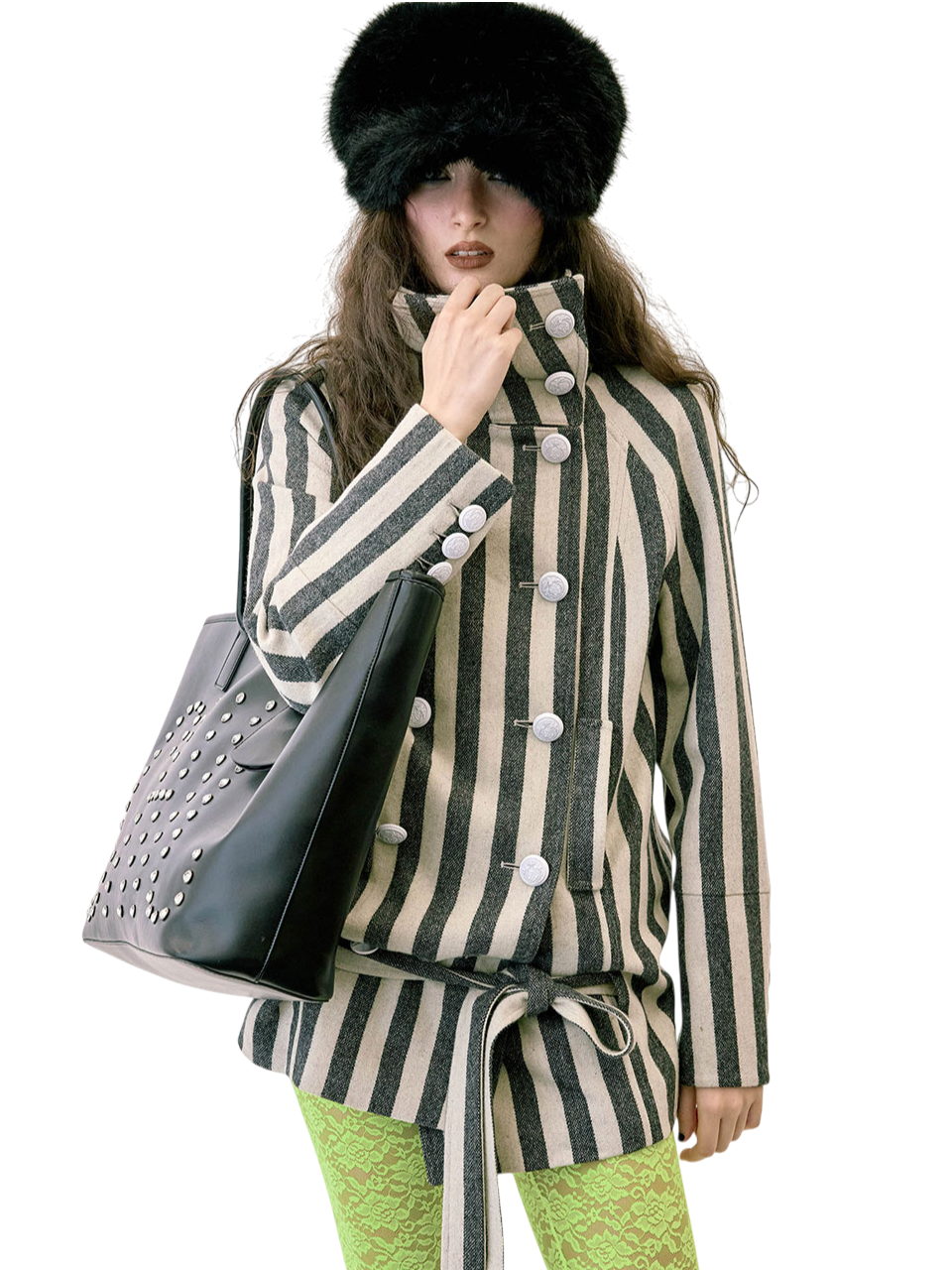 Wool Trench Half Coat Gray Stripe