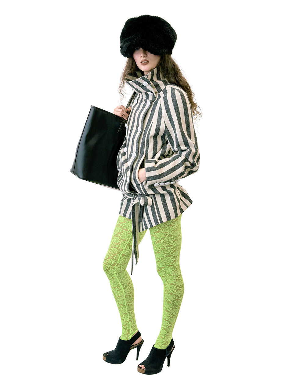 Wool Trench Half Coat Gray Stripe