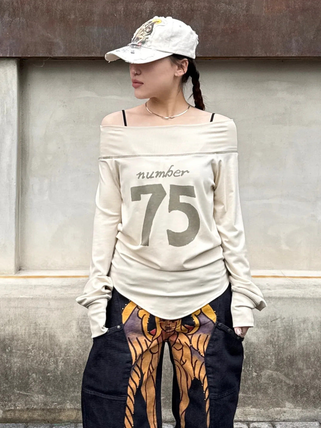 Sculptor X Ed Hardy] Raglan Off-Shoulder Tee Black